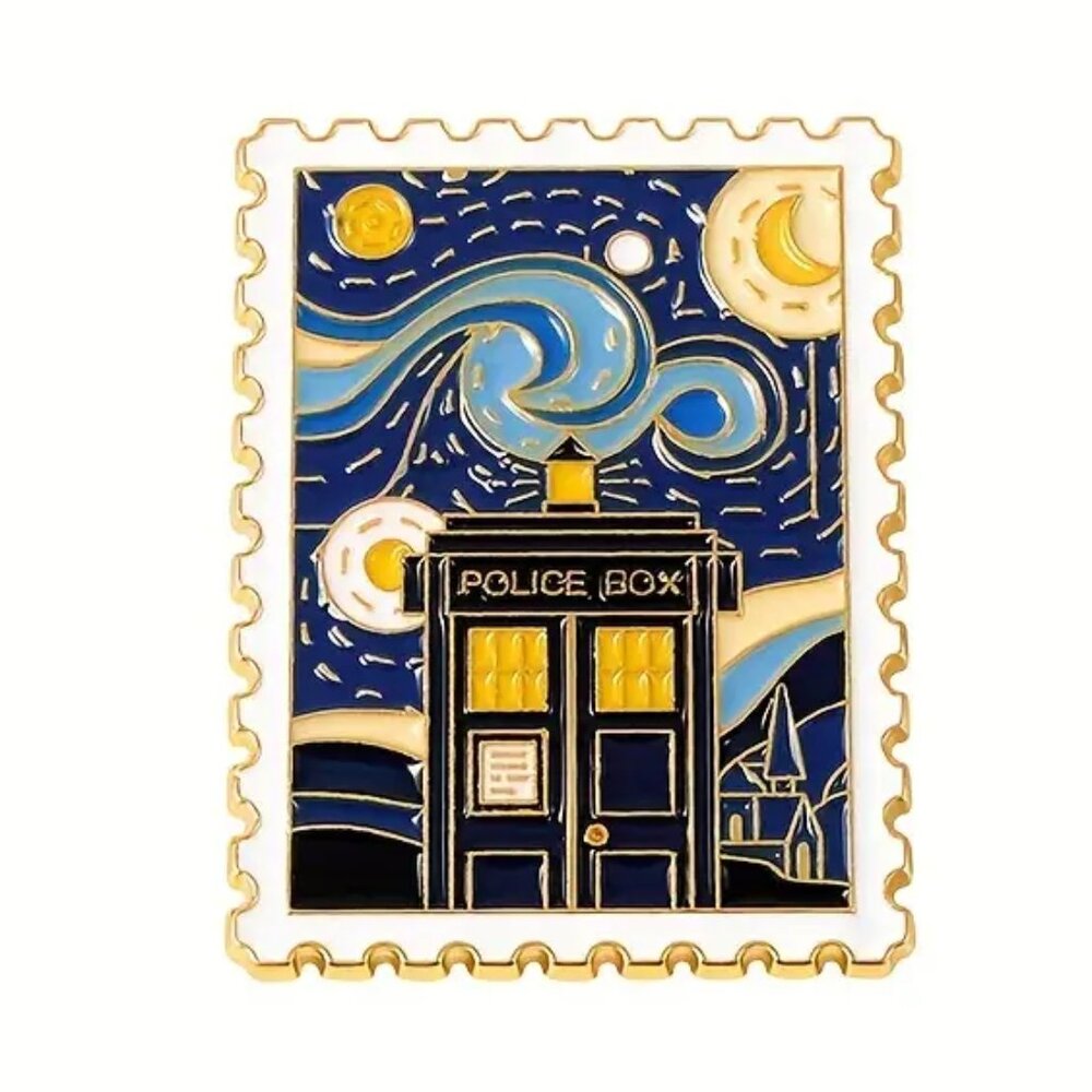 DOCTOR WHO TARDIS VANGOGH STARRY NIGHT POSTAGE STAMP ENAMEL LAPEL PIN BROOCH NWT